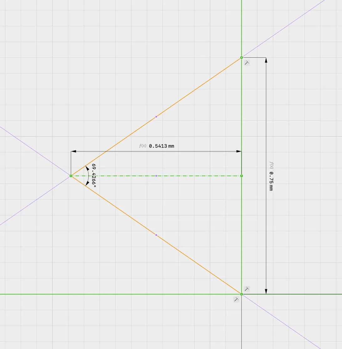 Shapr3D sketch measurement showing the 69.4266° apex angle on a thread profile with depth = 0.5413 mm and base = 0.75 mm