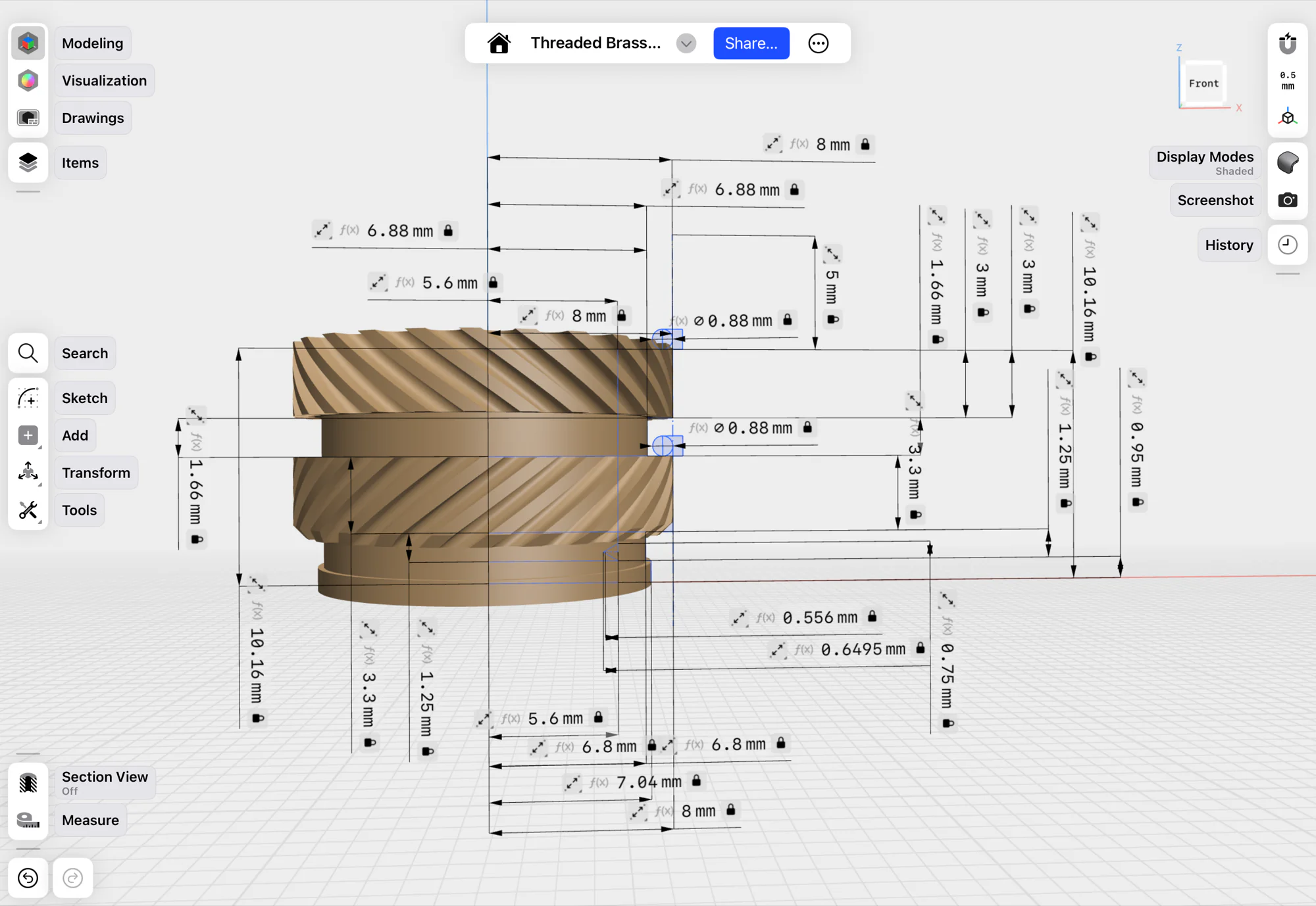 Dimensioned Shapr3D model of the brass insert showing the five axial zones and derived dimensions