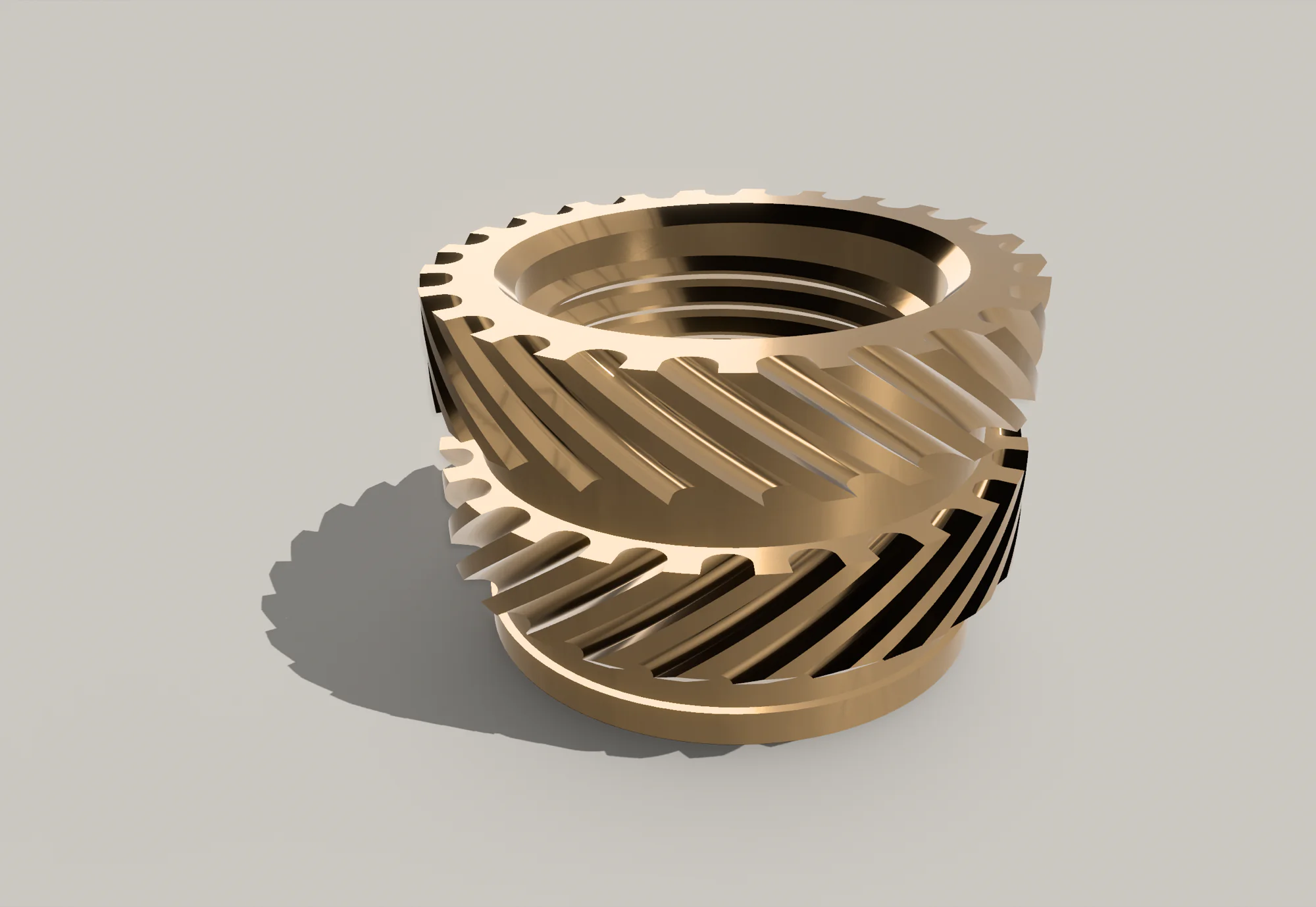 Rendered Shapr3D brass heat-set insert with modeled knurls, gap, pilot, and internal threads