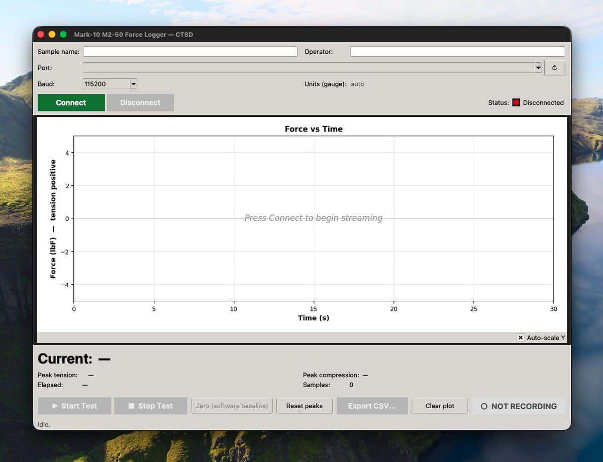 The custom Mark-10 M2-50 Force Logger app — connection panel, live Force vs Time graph, peak tension/compression readouts, and CSV export